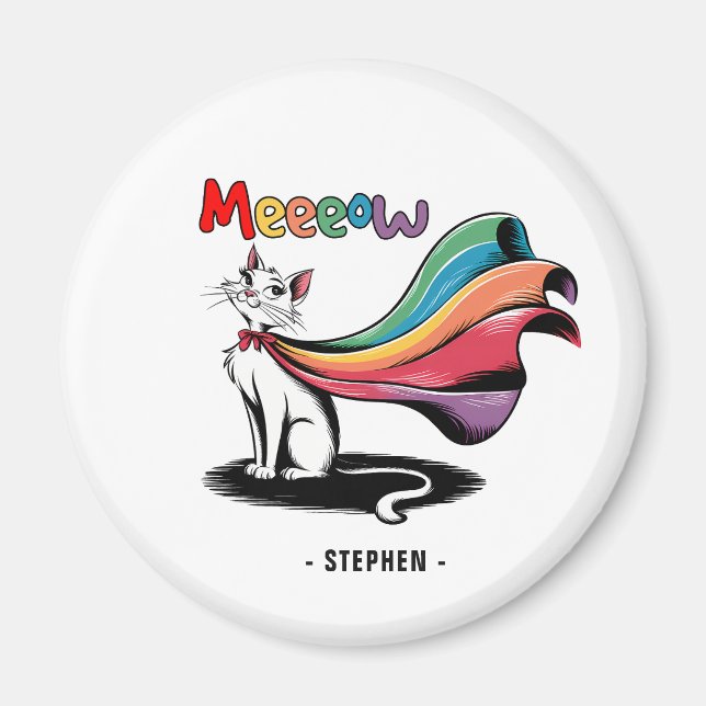 Super Cat Meeeow – Rainbow Cape Pride Cat Magnet (Front)