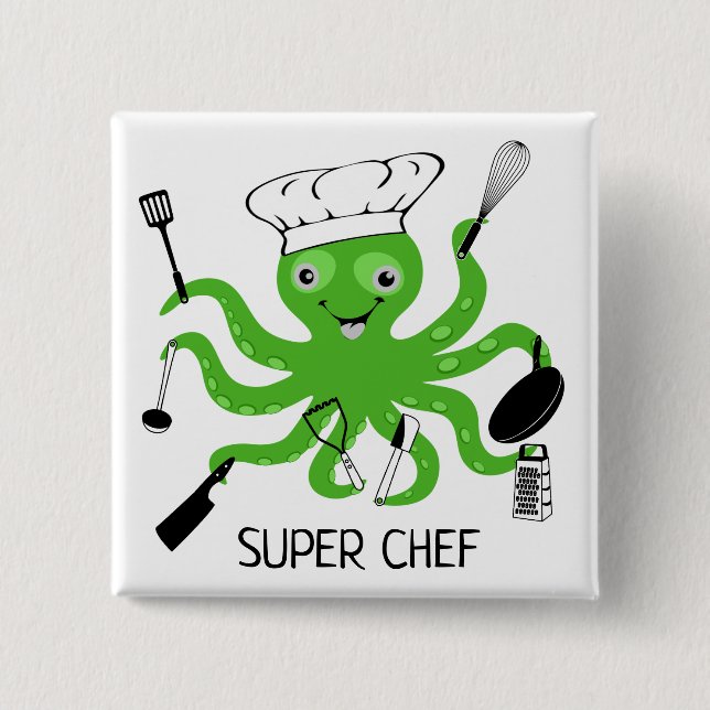 Super Chef Green Octopus Personalize 2 Inch Square Button (Front)