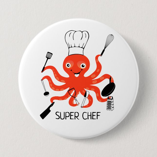 Super Chef Orange Octopus with Kitchen Gadgets 3 Inch Round Button (Front)