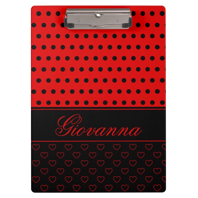Super Chic Black And Red Polka Dots, Custom Name Clipboard (Front)