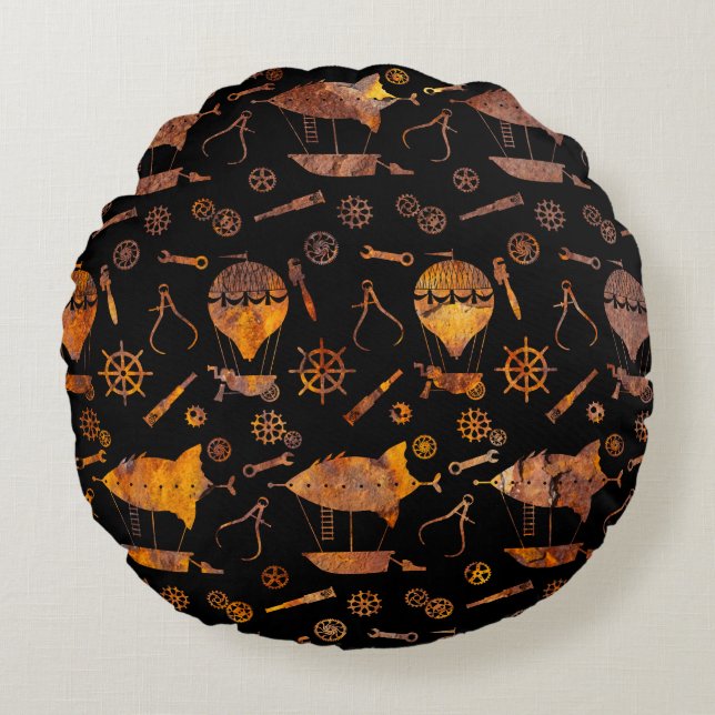 Super Colourful Rust Steampunk Airships Theme Round Pillow (Front)