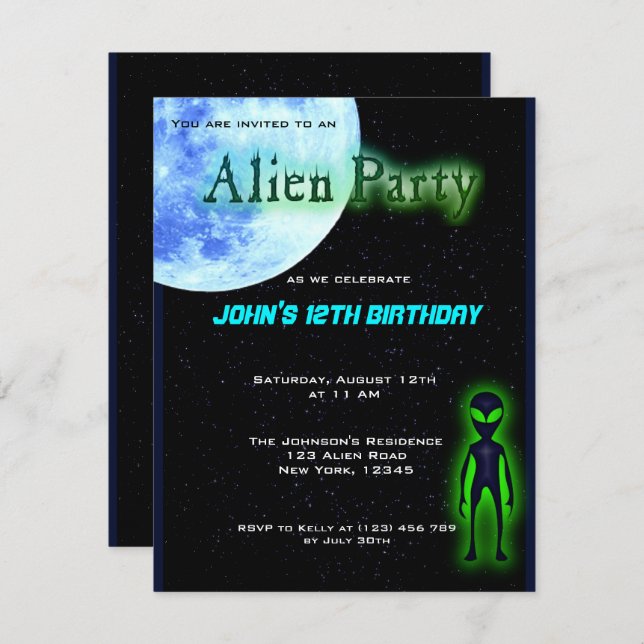 Super Cool Alien Birthday Party Invite (Front/Back)