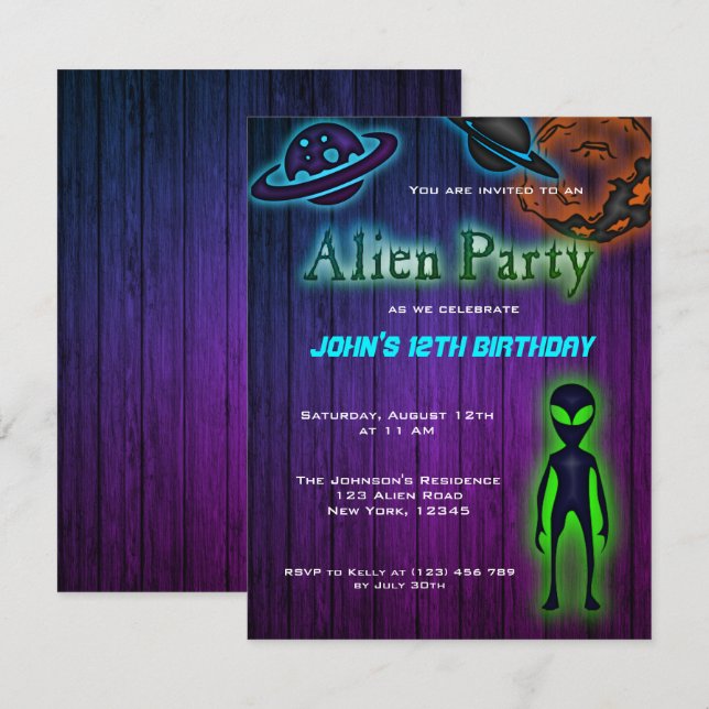 Super Cool Alien Birthday Party Invite (Front/Back)
