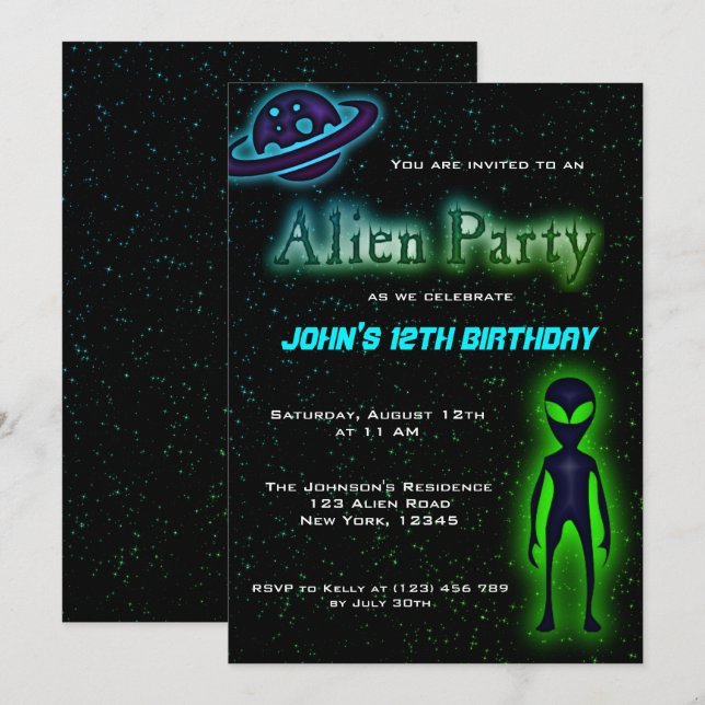 Super Cool Alien Birthday Party Invite (Front/Back)
