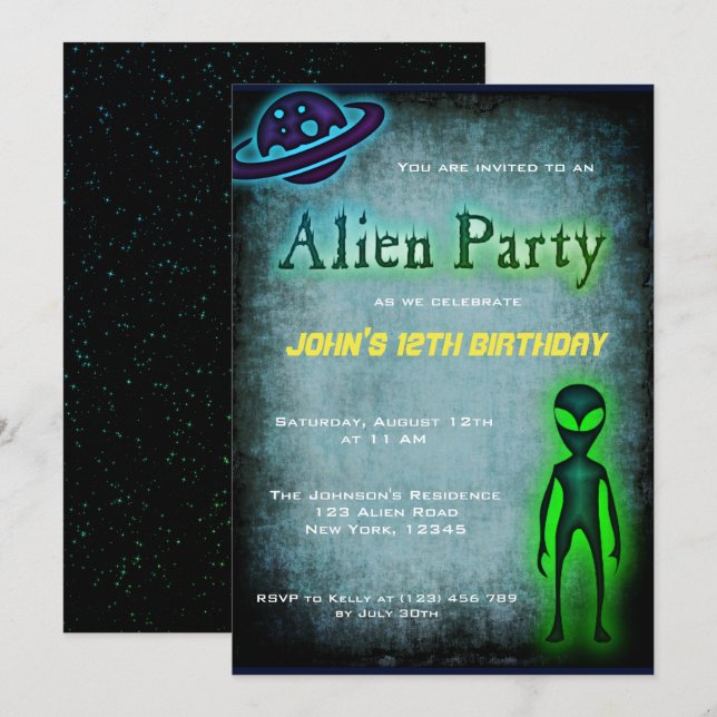 Super Cool Alien Invitation de fête d'anniversaire (Devant / Derrière)