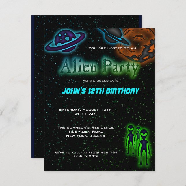 Super Cool Alien Invitation de fête d'anniversaire (Devant / Derrière)