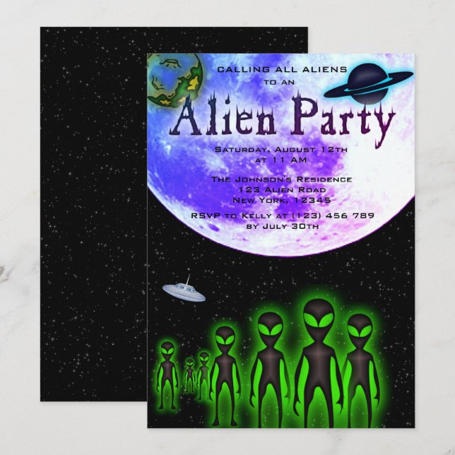 Super Cool Alien & UFO Party Invite (Front/Back)