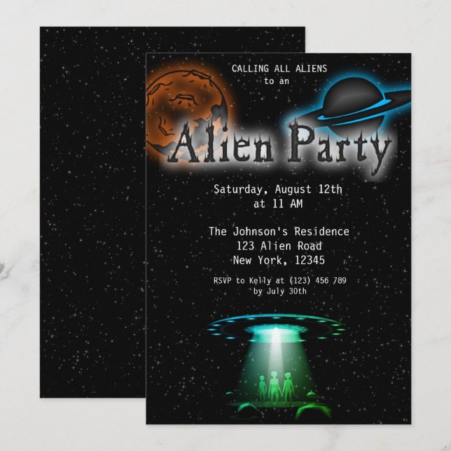 Super Cool Alien & UFO Party Invite (Front/Back)