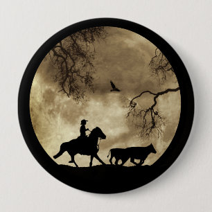 Super cool cowboy and horse in a full moon 4 inch round button