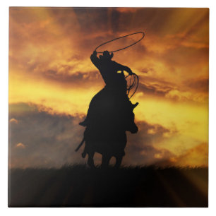 Super Cool Cowboy Steer Roping with Sunset Tile