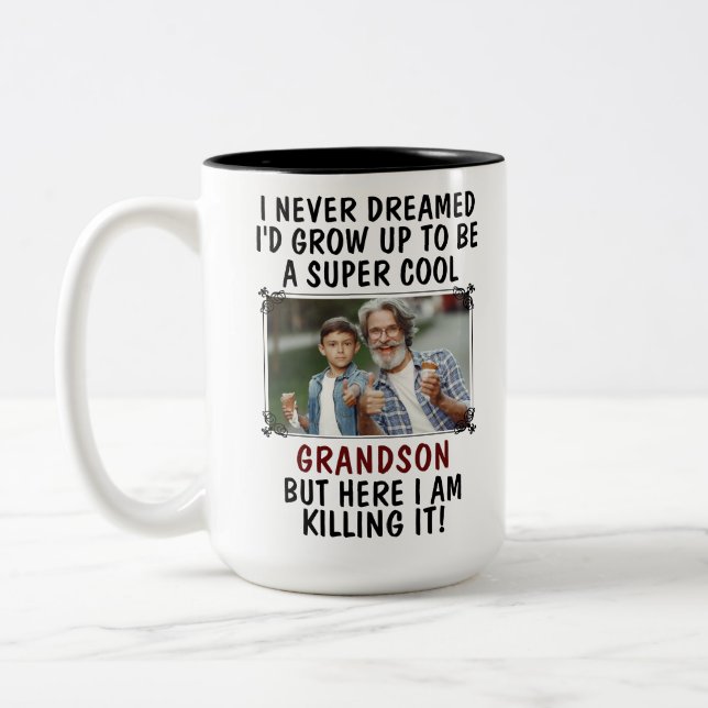 Super Cool Grandson Killing It With Custom 2 Photo Two-Tone Coffee Mug (Left)