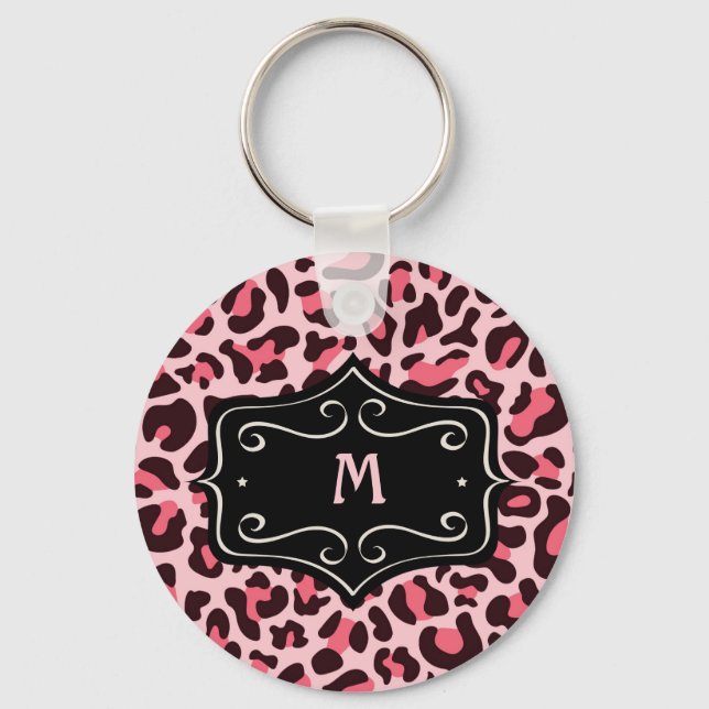 Super Cool Hot Pink Black Leopard Print Monogram K Keychain (Front)