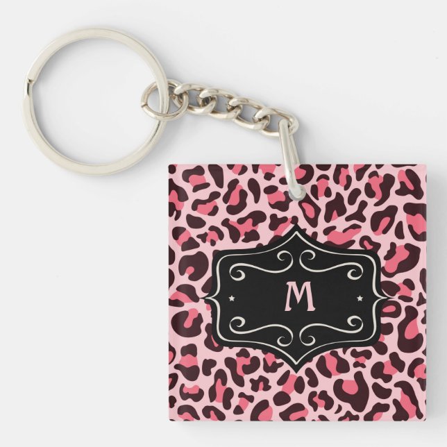 Super Cool Hot Pink Black Leopard Print Monogram K Keychain (Front)