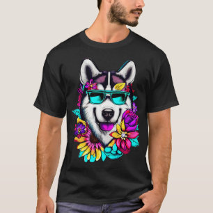 Super cool Husky dog and beautiful flowers T-Shirt