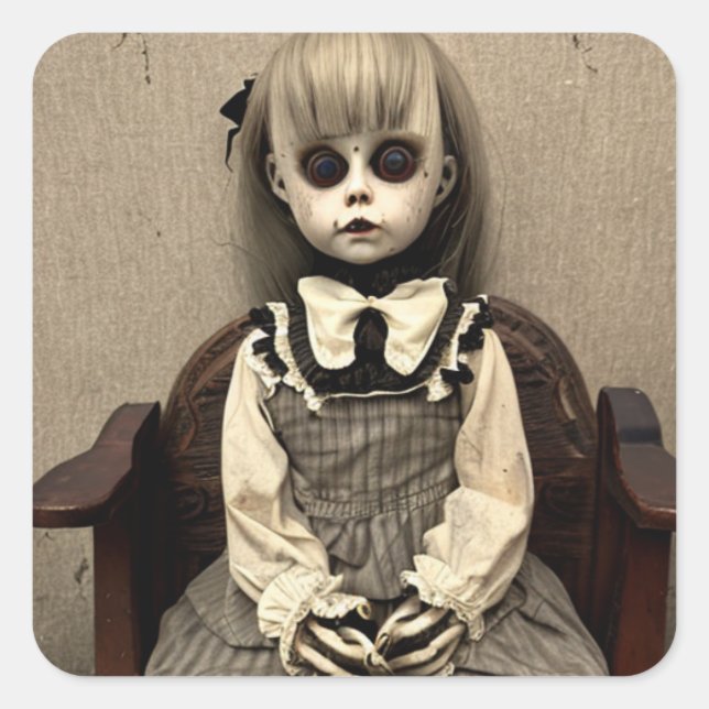 Super Creepy Haunted Old Antique Doll Halloween Square Sticker (Front)