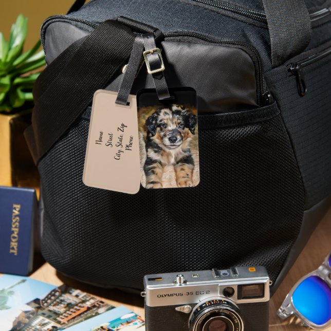 Super Cute Aussie Shepard Puppy Luggage Tag (Front & Back)