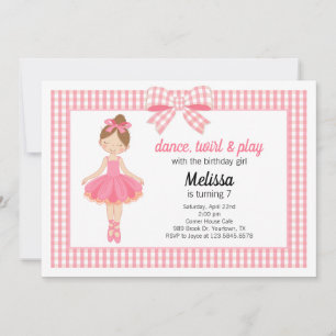Super Cute Ballerina Birthday Invitation Gingham