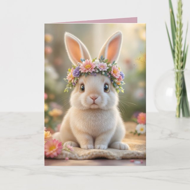 Super cute bunny with a flower wreath on its head  holiday card (Front)