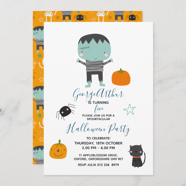 Super Cute Frankenstein boy Halloween Birthday Inv Invitation (Front/Back)