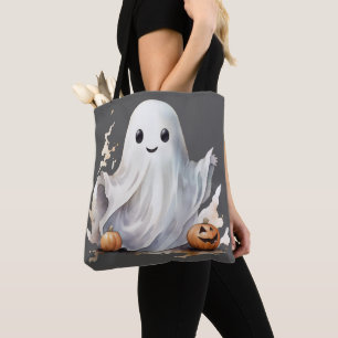 Super Cute Ghost Pumpkins Grey Halloween Tote Bag