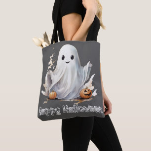 Super Cute Ghost Pumpkins Grey Happy Halloween Tote Bag