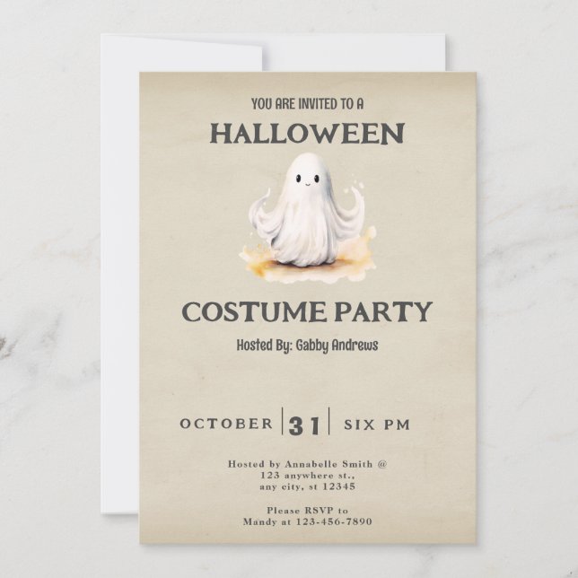 Super Cute Ghost Vintage Halloween Invitation (Front)
