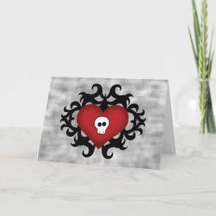 Super cute gothic damask skull heart black and red card