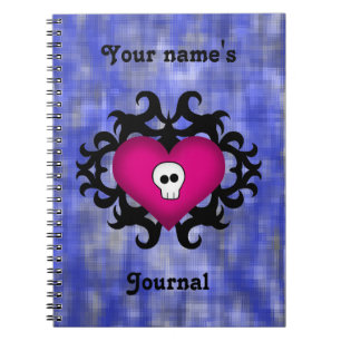 Super cute gothic damask skull heart fuschia blue notebook