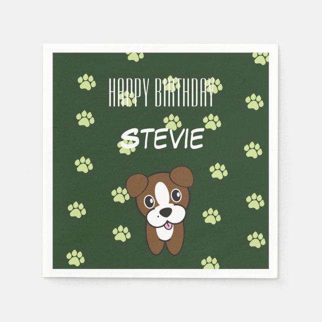 Super Cute Green Boxer Puppy Birthday Napkin (Front)