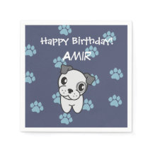 Super Cute Grey and Blue Bulldog Birthday Napkin