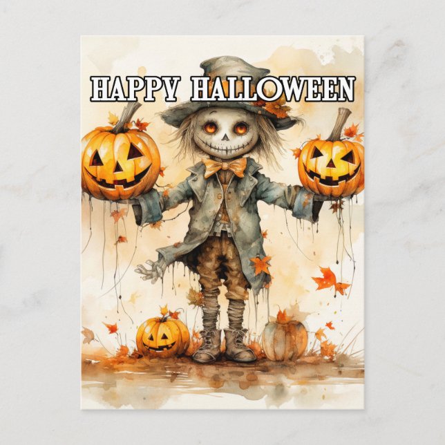 Super Cute Halloween Scarecrow Illustration Postcard (Front)