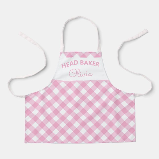 Super Cute Head Baker Pink Gingham Name Apron (Front)
