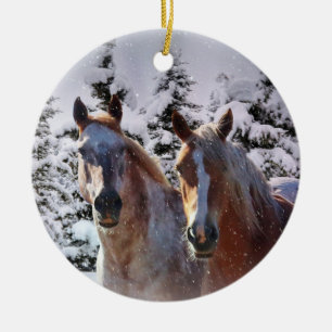 Super Cute Horse Pair in the Snow Christmas Ceramic Ornament