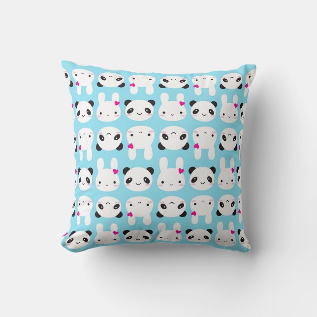 Super Cute Kawaii Bunny and Panda Throw Pillow (Front)