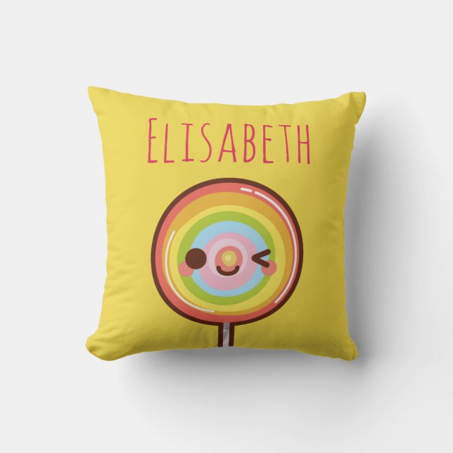Super cute kawaii rainbow lollipop monogram throw pillow (Front)