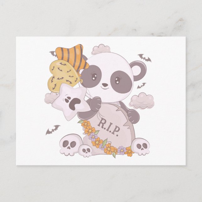 Super Cute Panda Grave RIP Ghost Bats Halloween Holiday Postcard (Front)