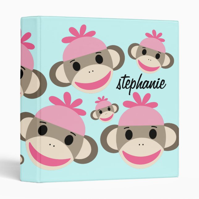 Super Cute Personalized Pink Sock Monkey Binder (Front/Spine)