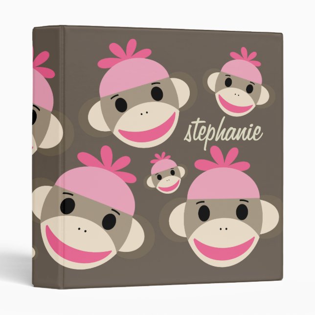 Super Cute Personalized Pink Sock Monkey Binder (Front/Spine)