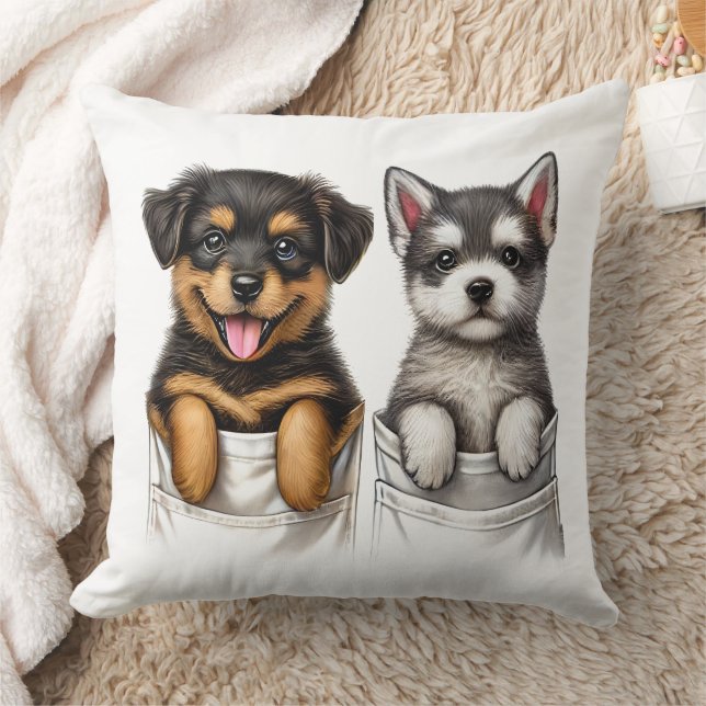 Super Cute Pockets Full of Puppies Throw Pillow (Blanket)
