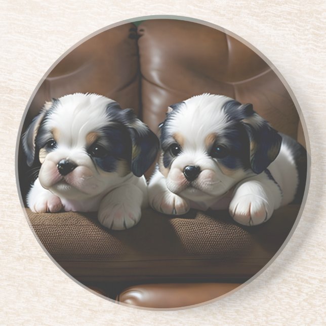 Super Cute Puppies on the Couch 1 Coaster (Front)