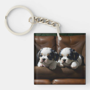 Super Cute Puppies on the Couch 1 Keychain