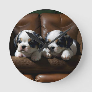 Super Cute Puppies on the Couch 1 Round Clock