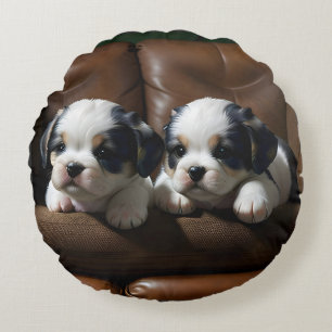 Super Cute Puppies on the Couch 1 Round Pillow