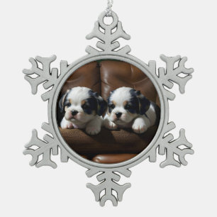 Super Cute Puppies on the Couch 1 Snowflake Pewter Christmas Ornament