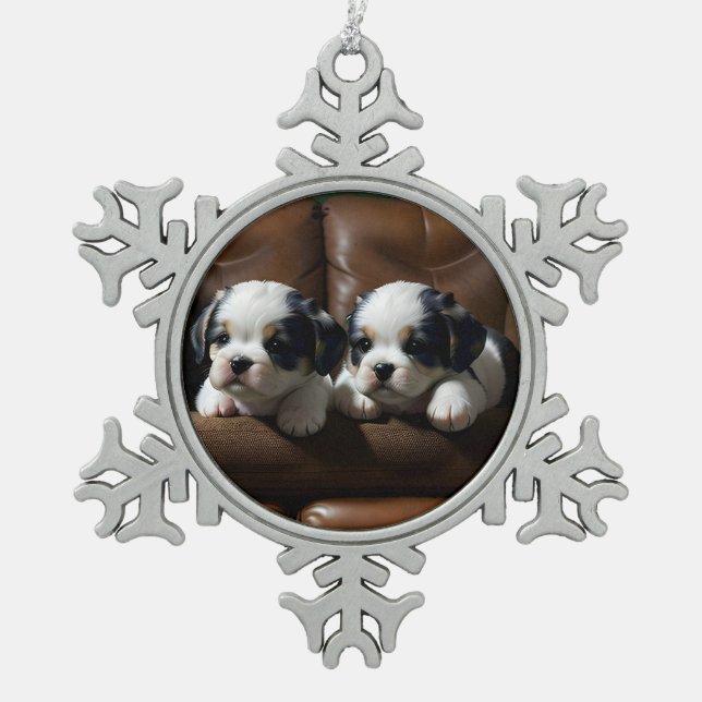 Super Cute Puppies on the Couch 1 Snowflake Pewter Christmas Ornament (Front)
