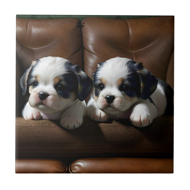 Super Cute Puppies on the Couch 1 Tile (Front)
