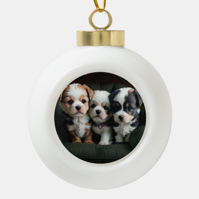 Super Cute Puppies on the Couch 2 Ceramic Ball Christmas Ornament (Front)