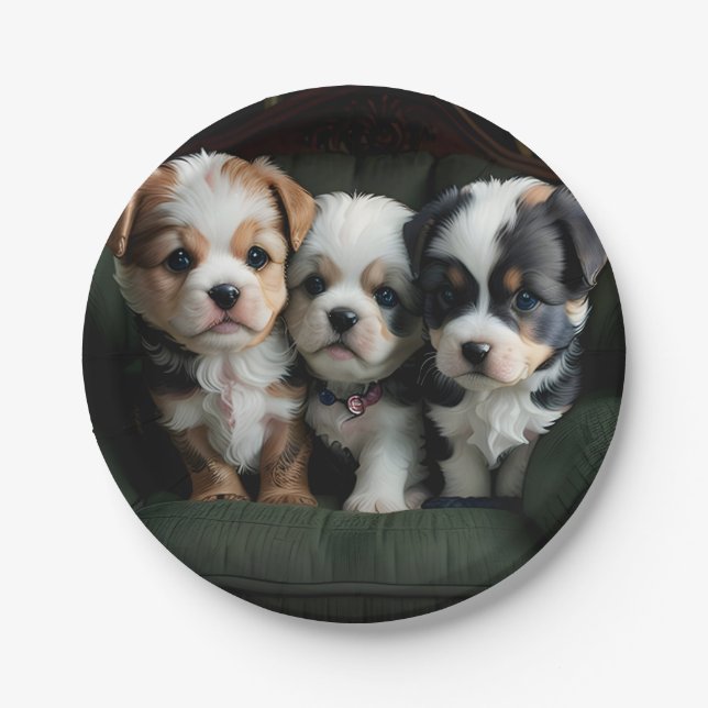 Super Cute Puppies on the Couch 2 Paper Plate (Front)