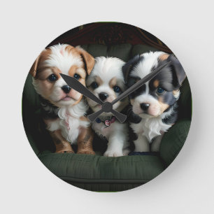 Super Cute Puppies on the Couch 2 Round Clock