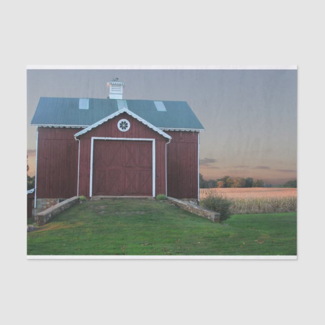 Super Cute Small Red Barn White Scalloped Trim Tissue Paper (Front)